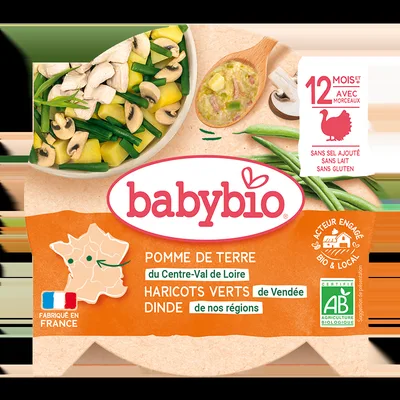 Meniu morcovi, fasole verde si felii de curcan Bio, 230g, BabyBio