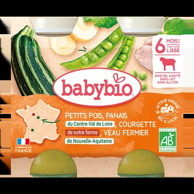 Piure bio din mazare, dovlecel si vitel +6 luni, 2 x 200g, BabyBio