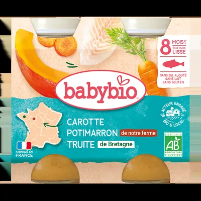 Piure cu pastrav, dovleac si morcov +8 luni Bio, 2 x 200g, BabyBio