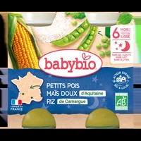 Piure de mazare, porumb dulce si orez Bio, 2 x 200g, BabyBio