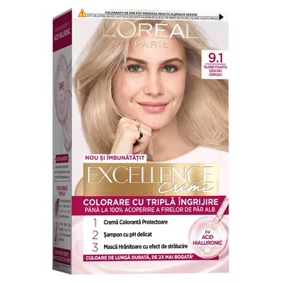 Vopsea de par permanenta Excellence Creme 9.1 Blond Foarte Deschis Cenusiu, 192ml, L'Oreal Paris