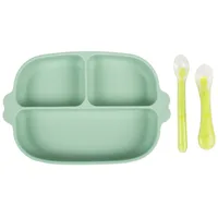 Set farfurie cu ventuza si 2 lingurite din silicon fara BPA verde, 1 bucata, KidsCare