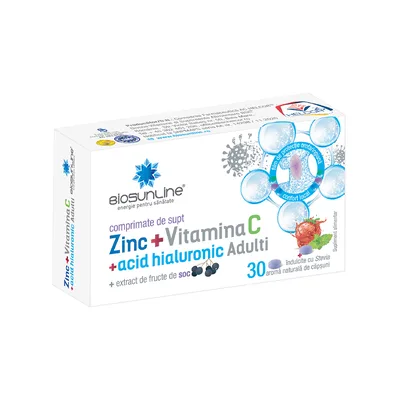 Zinc + Vitamina C + Acid Hialuronic pentru adulti, 30 comprimate de supt, BioSunLine
