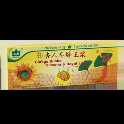 Ginkgo Biloba, Ginseng si Royal Jelly, 10 fiole, Yongkang International
