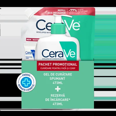 Pachet Gel spumant de curatare 473ml + Refill Gel spumant de curatare 473ml + Lotiune hidratanta 5ml, CeraVe