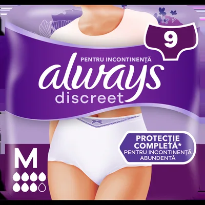 Chiloti pentru incontinenta urinara Discreet 7 picaturi M, 9 bucati, Always