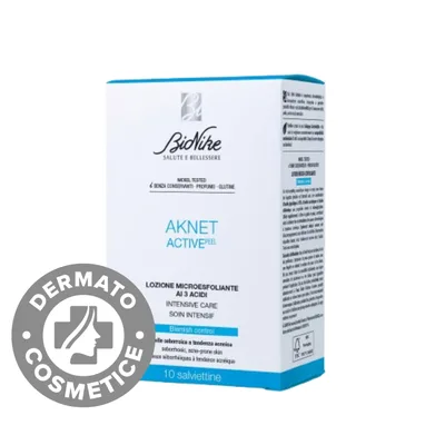 Servetele de unica folosinta AKNET ACTIVEpeel Lotiune microexfolianta cu 3 acizi pentru tenul acneic seboreic, 10 bucati, Bionike
