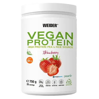 Pudra proteica vegana cu aroma de Strawberry Vegan Protein, 750g, Weider