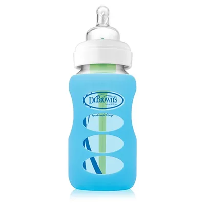 Protectie silicon pentru biberon din sticla cu gat larg albastru, 150ml, Dr. Brown's