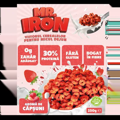 Cereale cu 30% proteina fara zahar low-carb gluten free si vegane Capsuni si Mar, 250g, Mr. Iron