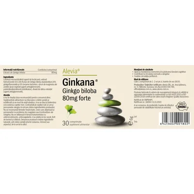 Pachet Ginkana Ginkgo biloba 80mg forte 1+1 Gratuit, 2 x 30 comprimate, Alevia