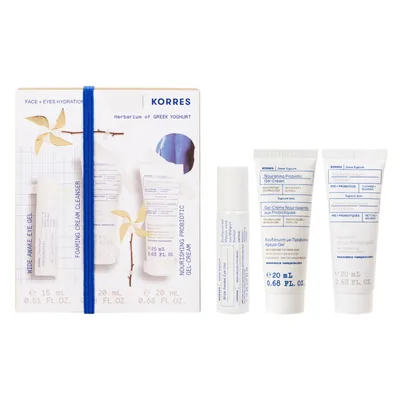 Pachet Greek Yoghurt Gel pentru ochi 15ml + Spuma de curatare 20ml + Crema hidratanta 20ml, Korres