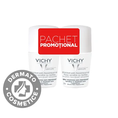 Pachet Deodorant roll-on fara parfum antiperspirant 48h, 2x50ml, Vichy