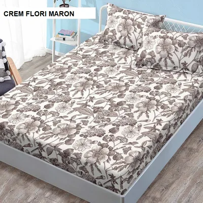 Husa de pat cu 2 fete de perna ELEGANCE crem flori maron 160x200 cm, Ralex | 1 buc