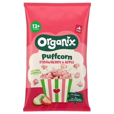 Puffcorn Snack Bio cu Căpșuni și Mere, 12 luni+, 10 g, Organix