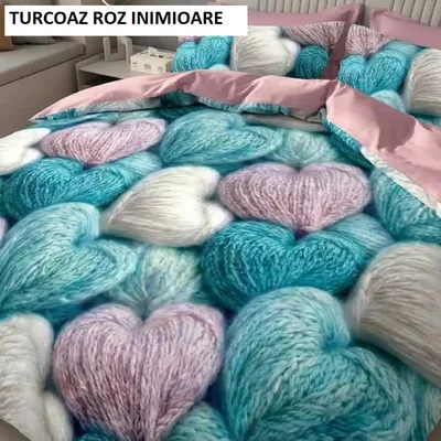 Lenjerie pat cu husa FINET (6 piese) turcoz roz inimioare 180x200 cm, Ralex | 1 buc