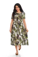 Rochie snur talie ERV21V165 alb/verde imprimeu frunze, Eranthe | marimea S