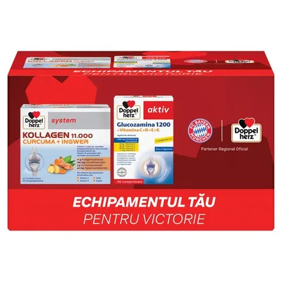 Doppelherz System kollagen 11.000 curcuma + ghimbir + Doppelherz Aktiv glucozamina 1200MG, Queisser Pharma | 30 flacoane + 30 comprimate