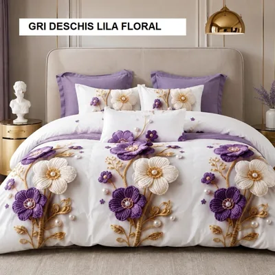 Lenjerie pat FINET (6 piese) gri deschis lila floral 230x250 cm, Ralex | 1 buc