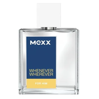 Eau de Toilette Mexx Whenever Wherever For Him, 50ml, sticlă transparentă, etichetă albastru-galben