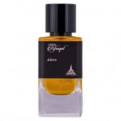 Paris Corner Rifaaqat Adorn Eau De Parfum, 85ml, sticlă transparentă cu lichid auriu și capac negru